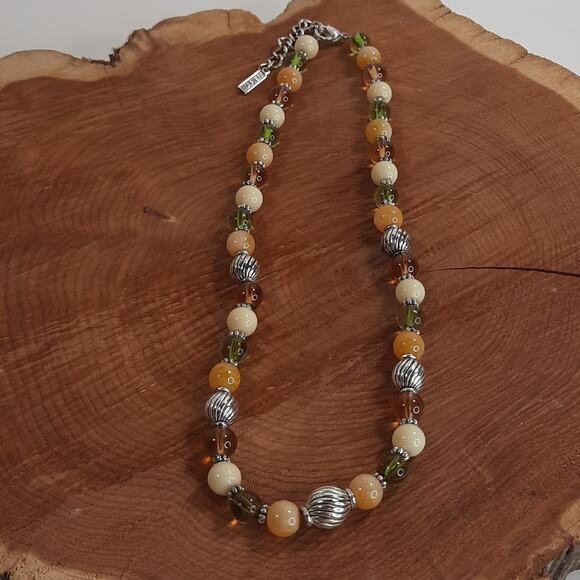 Napier Silver Tone, Glass and‎ Stone Bead Necklace Green Brown White - Picture 5 of 8